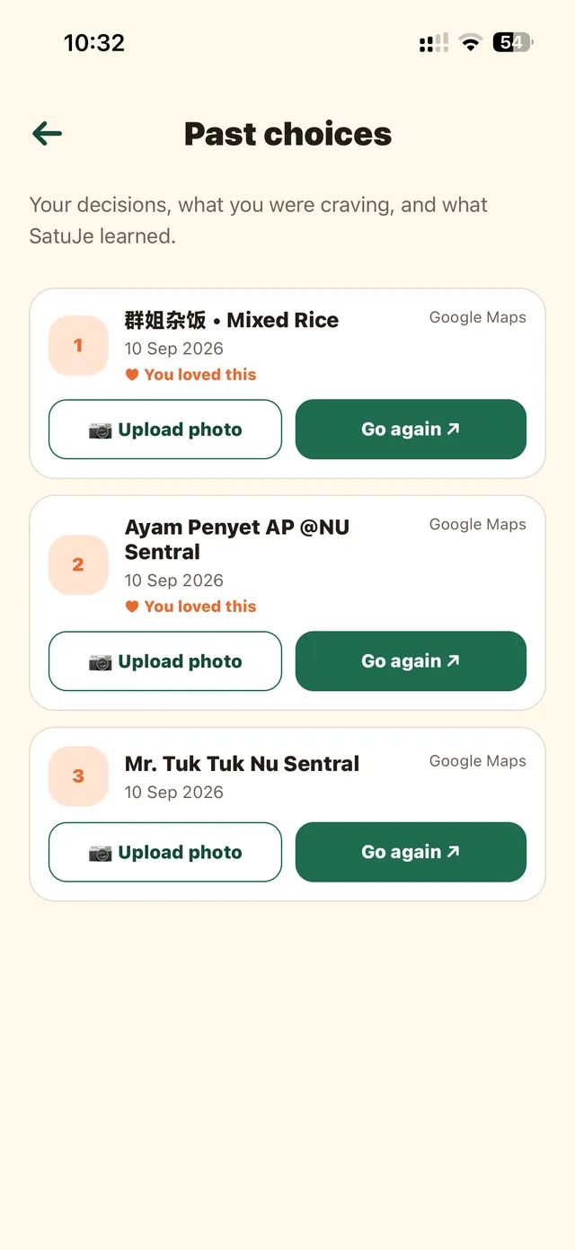 SatuJe past choices with “Go again” buttons