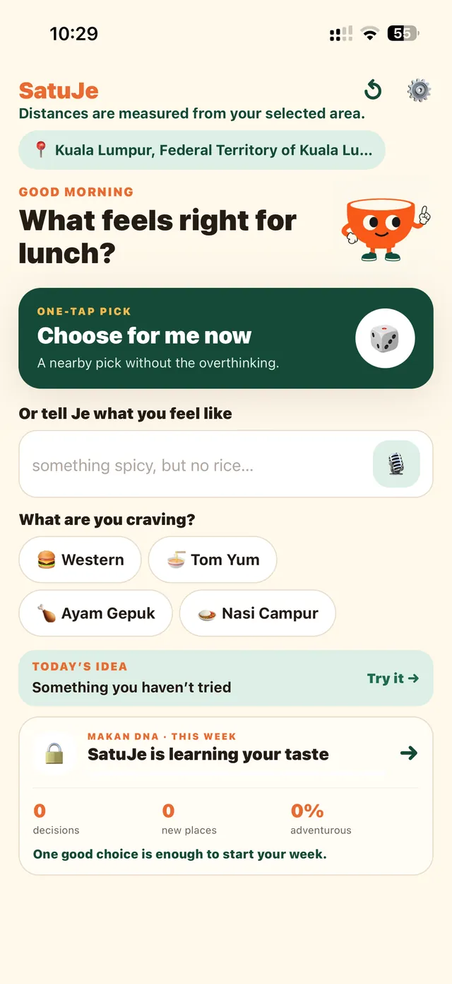 SatuJe home screen asking “What feels right for lunch?” with one-tap cravings